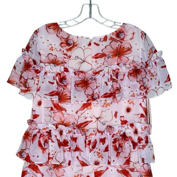 Badgley Mischka Pink Short Sleeve Tiered Floral Mini Runway Dress Size 10 Ruffle - Picture 9 of 13